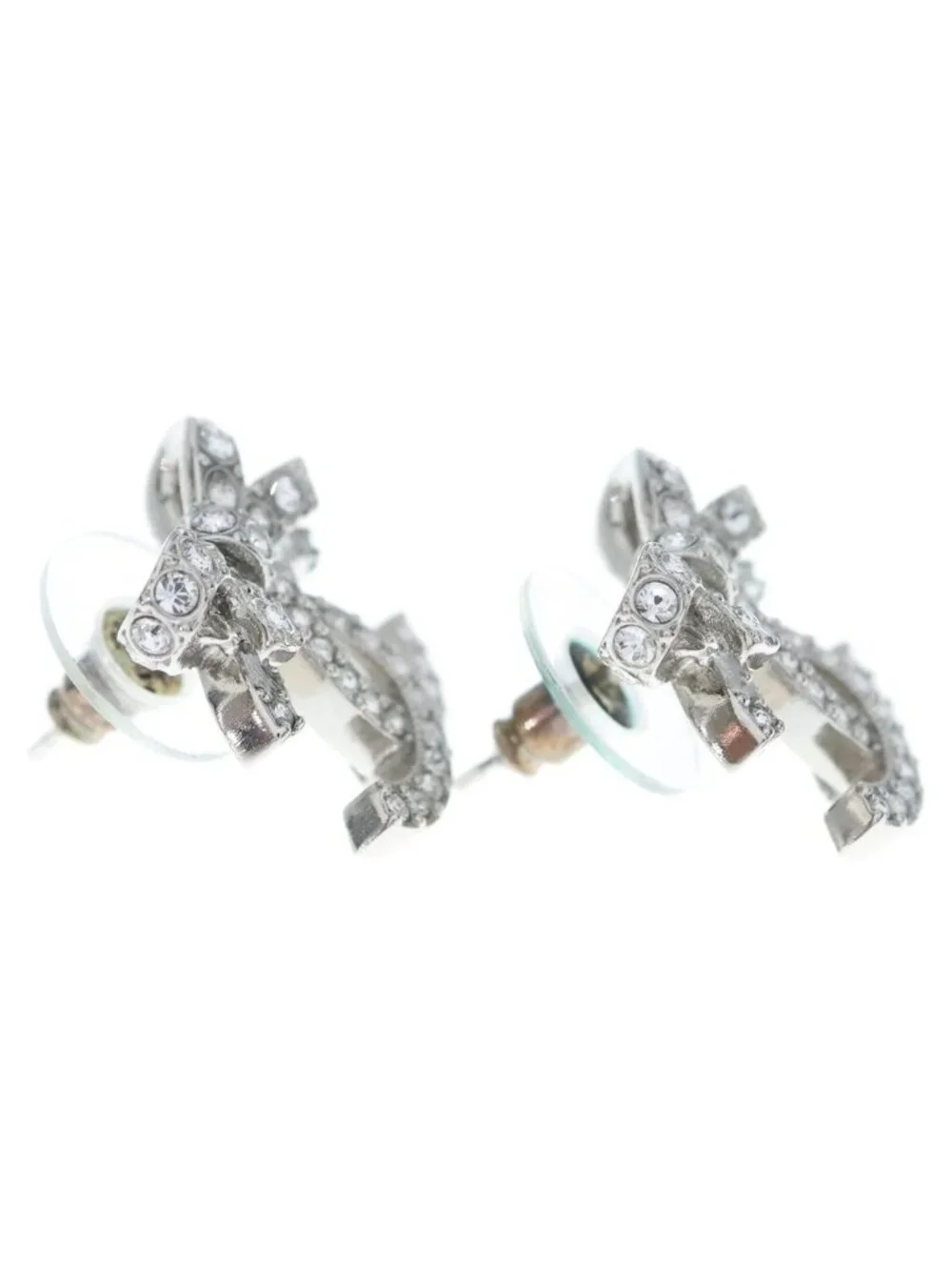 Chanel Rhinestone CC Logo Ribbon Earrings Silver